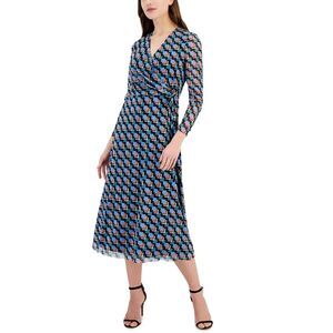 Anne Klein Womens Printed Faux-Wrap Midi Dress XL Black/Cape Blue - NWT $139